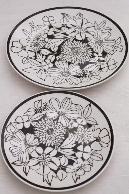 Mikasa Bouquet mod vintage black & white floral china, Cera-Stone pottery plates