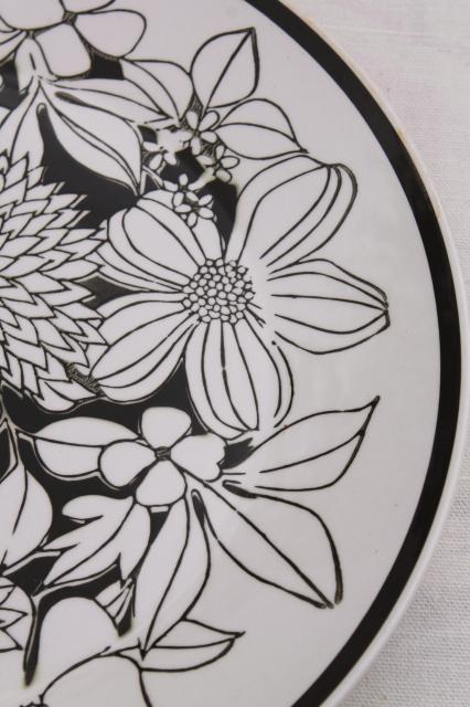 Mikasa Bouquet mod vintage black & white floral china, Cera-Stone pottery plates