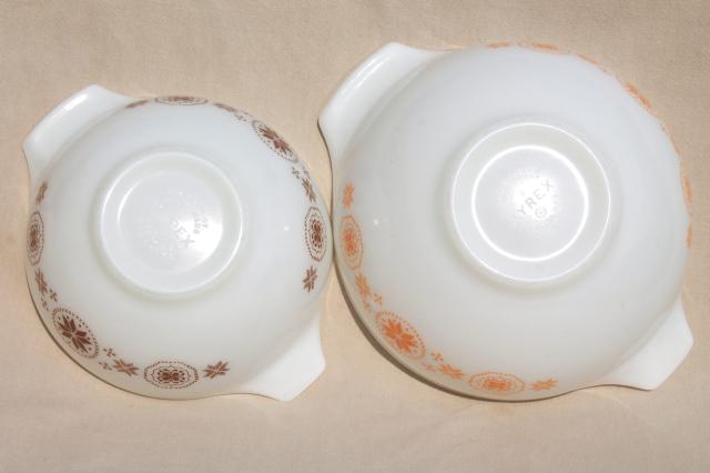 Pyrex Town & Country 442 & 443 cinderella bowls, brown & gold on milk white glass
