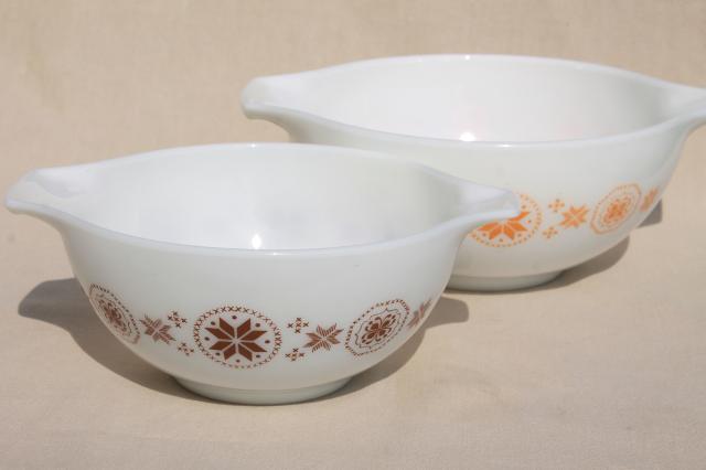 Pyrex Town & Country 442 & 443 cinderella bowls, brown & gold on milk white glass