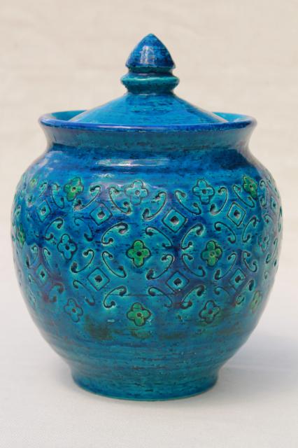 Rimini blue Bitossi ceramic jar canister w/ lid, mid-century mod Italian pottery