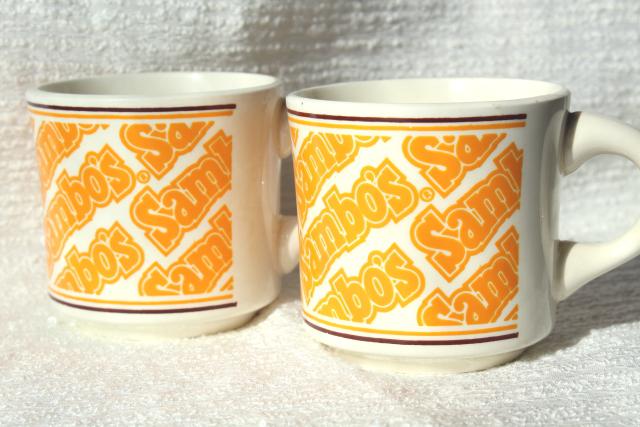 Sambo's restaurant china coffee mugs, vintage advertising Sambos cups
