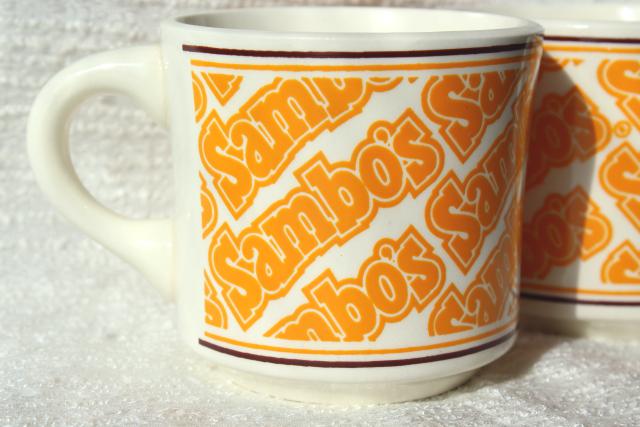 Sambo's restaurant china coffee mugs, vintage advertising Sambos cups
