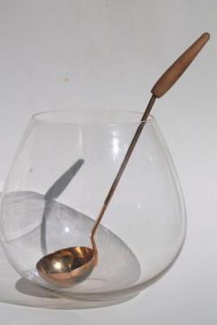 Scandinavian mod style vintage glass roly poly punch bowl w/ copper & wood serving ladle