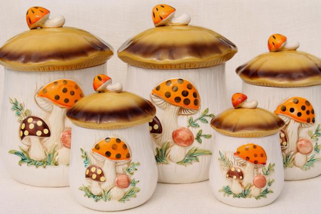 Sears Merry Mushroom ceramic canisters complete set, retro 70s vintage mushrooms