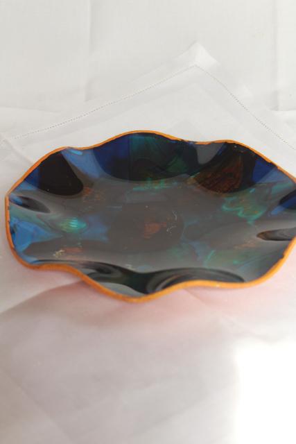Seetusee Canada handcraft leather backed marbled glass dish, mod vintage art glass bowl