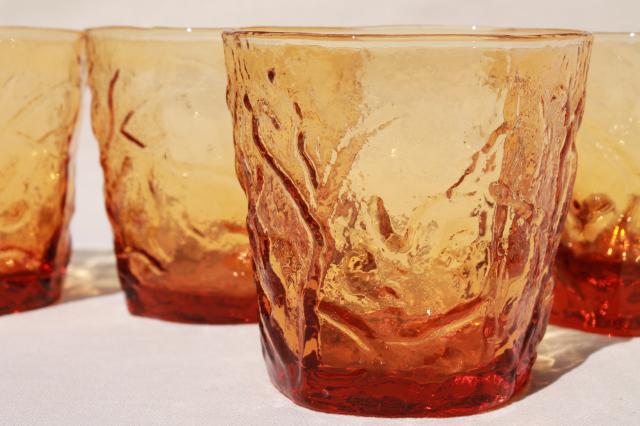 Seneca driftwood amber glass crinkle ice textured glasses, lowball old fashioned tumblers