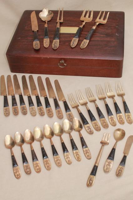 Siam brass flatware set w/ rosewood or teak handles, mid-century vintage  Thailand