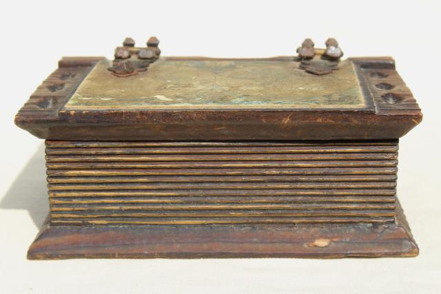 Spanish carved wood boxes, medieval renaissance gothic style vintage book shaped boxes