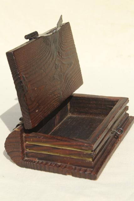 Spanish carved wood boxes, medieval renaissance gothic style vintage book shaped boxes