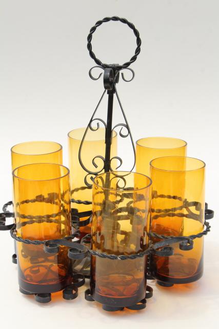 Spanish colonial gothic black wrought iron drinks holder, vintage amber glass glasses w/ rack