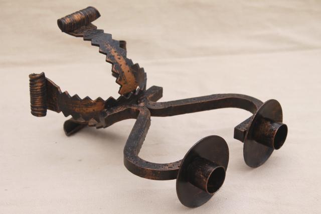 Spanish gothic wrought iron chain candle holders, vintage hand-forged metal art candlesticks