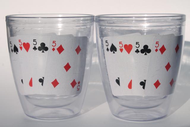 Tervis type insulated clear plastic tumblers, poker playing cards ...