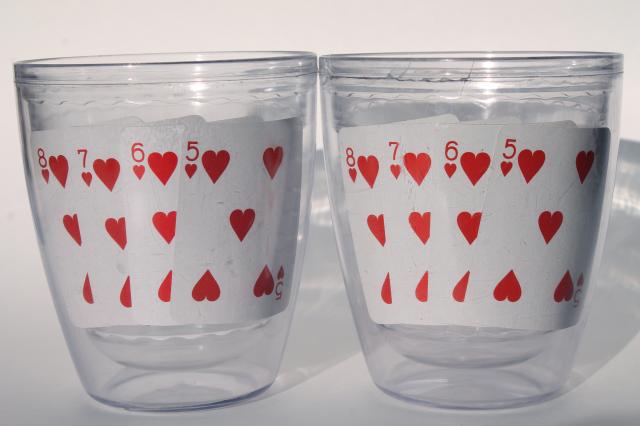 Tervis type insulated clear plastic tumblers, poker playing cards drinking glasses