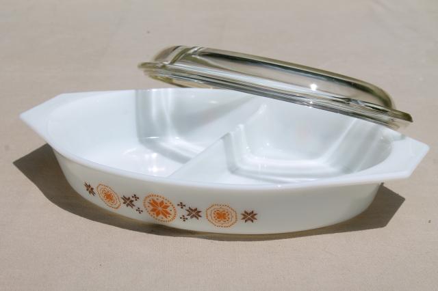 Town & Country vintage Pyrex divided casserole baking dish w/ clear glass cover