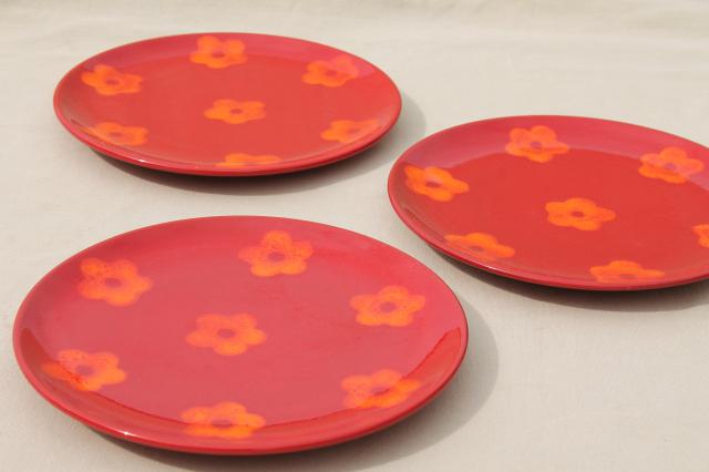 Waechtersbach pottery freestyle Paradise orange flowers on red, mod vintage salad plates