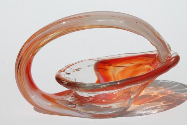 Wagon Hill Cherokee art glass basket, hand-blown glass w/ retro orange slag color
