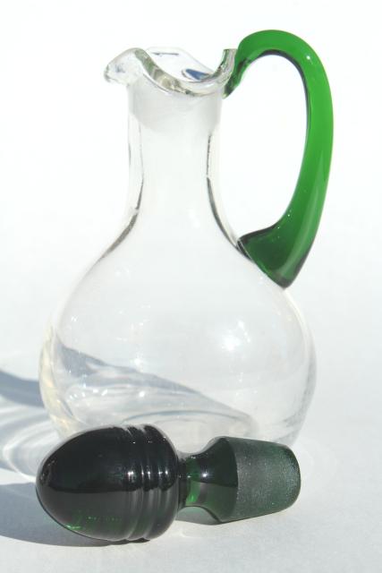 West Virginia art glass cruets, mod vintage hand blown bottles w/ colored stoppers