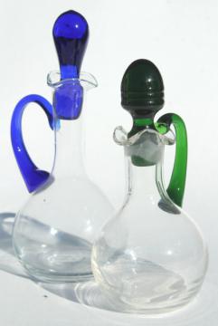 West Virginia art glass cruets, mod vintage hand blown bottles w/ colored stoppers