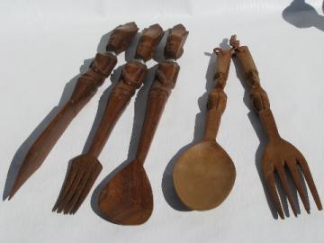 African tribal art hand-carved native wood forks & spoons, wooden knife