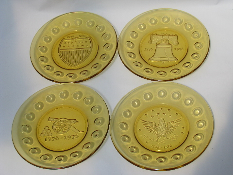 Amber glass 1976 bicentennial colonial theme plates