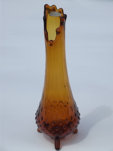 Amber glass swing shape hobnail footed vase, vintage Fayette label