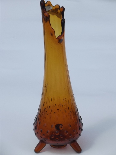 Amber glass swing shape hobnail footed vase, vintage Fayette label