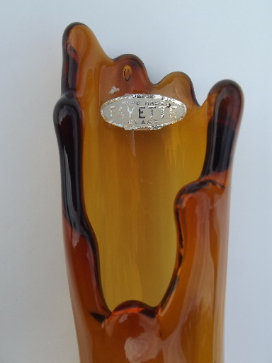 Amber glass swing shape hobnail footed vase, vintage Fayette label