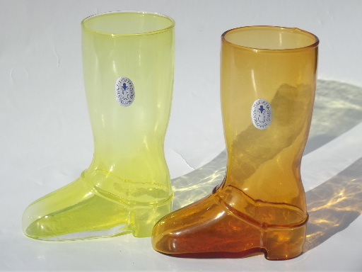 Amber & yellow Pilgrim glass boots, lot boot vases w/ vintage labels