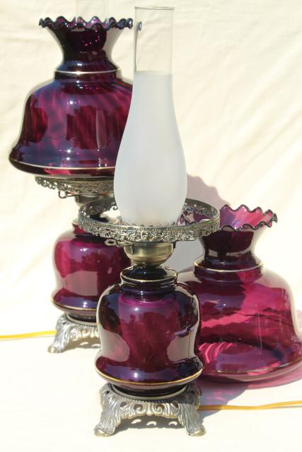 amethyst glass Abigail Adams chimney shade lamps, vintage Quoziel lamp set