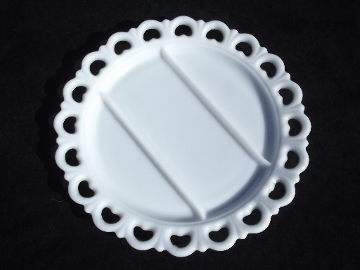 Anchor Hocking milk glass tray, retro vintage lace edge serving plate