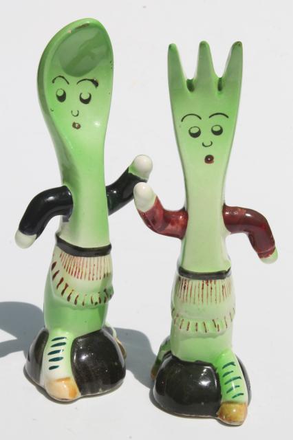 anthropomorphic spoon & fork salt and pepper, vintage Japan hand-painted S&P shakers set