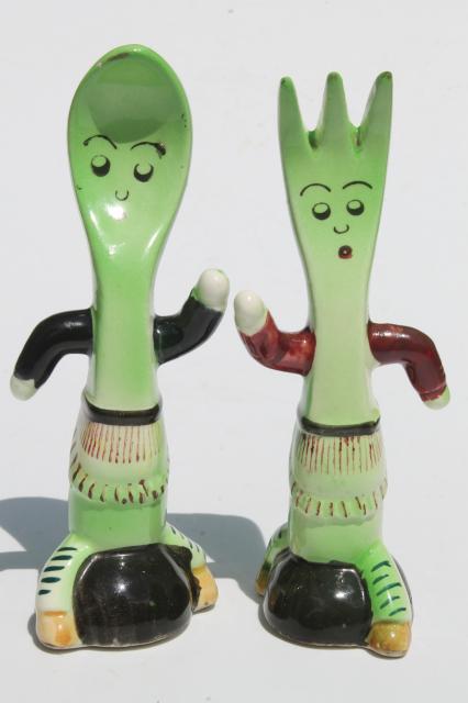 anthropomorphic spoon & fork salt and pepper, vintage Japan hand-painted S&P shakers set