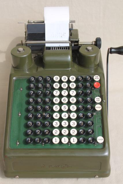 antique Burroughs adding machine, olive drab industrial vintage mechanical calculator