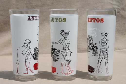 Antique autos drinking glasses, mid-century mod vintage tall tumbler coolers
