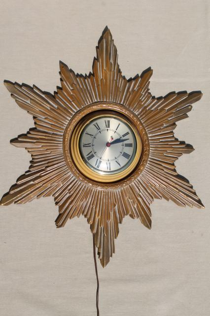 antique gold starburst sun frame wall clock, art deco hollywood regency vintage