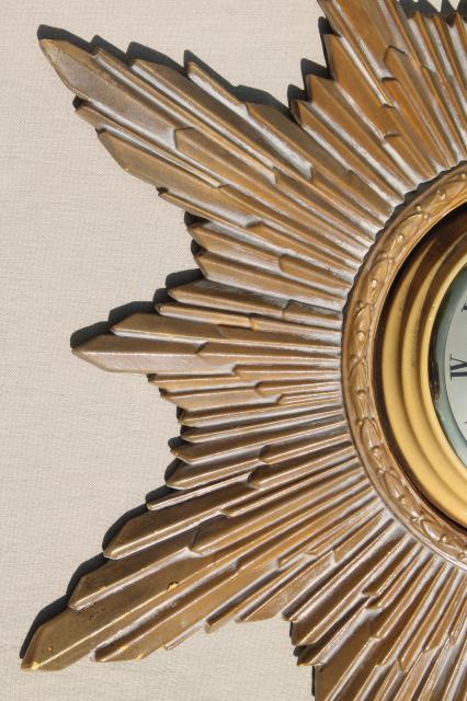 antique gold starburst sun frame wall clock, art deco hollywood regency vintage