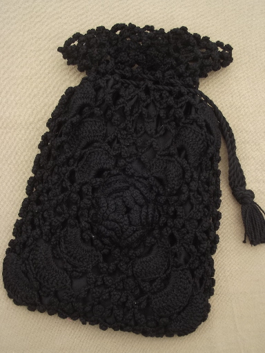 Antique Irish crochet lace handbag, Victorian ladies purse black mourning