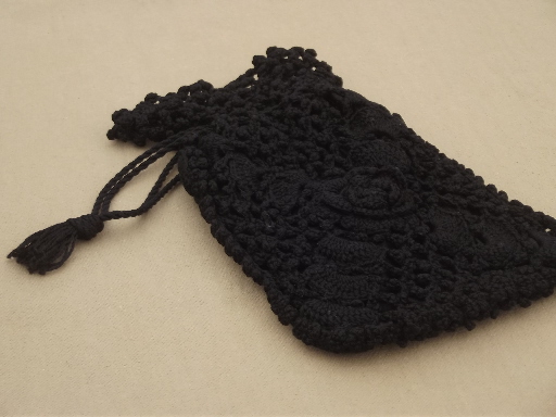 Antique Irish crochet lace handbag, Victorian ladies purse black mourning