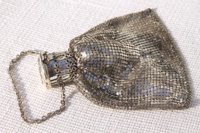 antique misers purse, 20s vintage Whiting & Davis silver metal mesh evening bag