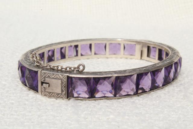 antique vintage sterling silver hinged bangle bracelet w/ safety chain clasp, amethyst rhinestones