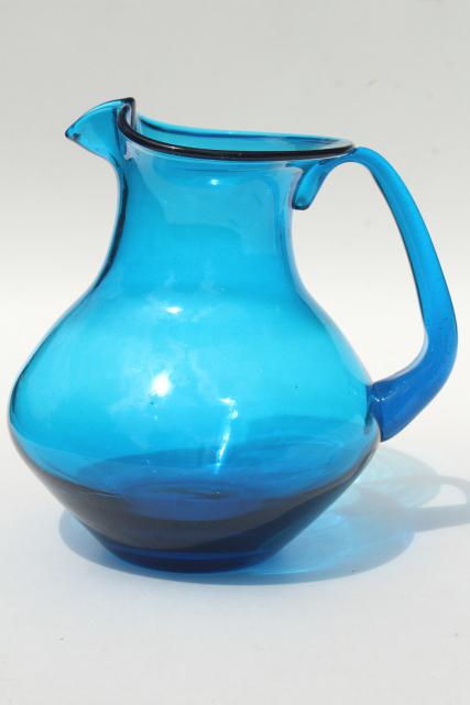 aqua blue hand blown glass pitcher, vintage Mexican glass water, lemonade, or cocktail pitcher 