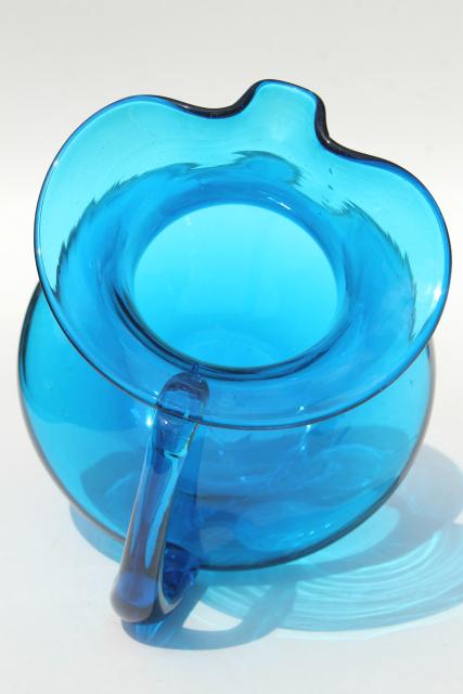aqua blue hand blown glass pitcher, vintage Mexican glass water, lemonade, or cocktail pitcher 