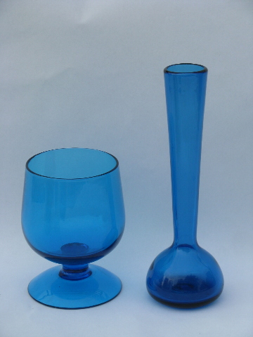 Aqua blue hand-blown art glass vases, mod tall & short shapes, 60s Italy