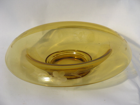 Art deco vintage amber glass flower bowl, large shallow centerpiece dish