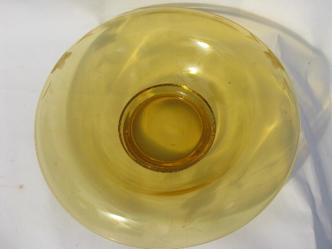 Art deco vintage amber glass flower bowl, large shallow centerpiece dish