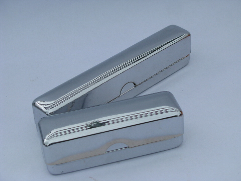 Art deco vintage chrome travel boxes for toiletries, for vanity table or train case