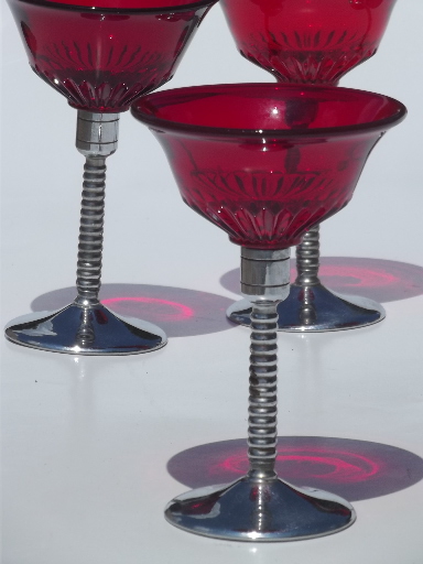 Vintage Ruby Red Stem Etched Art Deco Cocktail Glasses