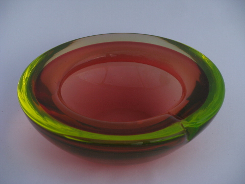 Art deco vintage pink & vaseline green dichroic art glass bowl or big ashtray