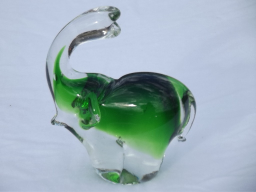 Art glass elephants paperweights set, swirls of colored bubbles in crystal